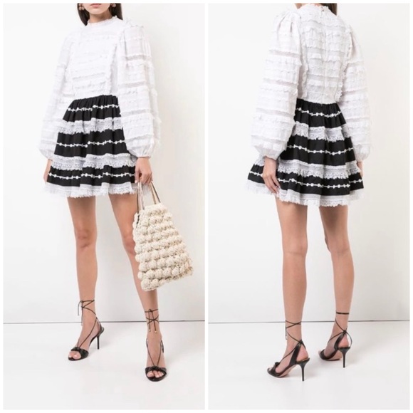 $695 Ulla Johnson Amour Black/White Applique Lace Puff Sleeve Mini Dress size 0 - Picture 3 of 13